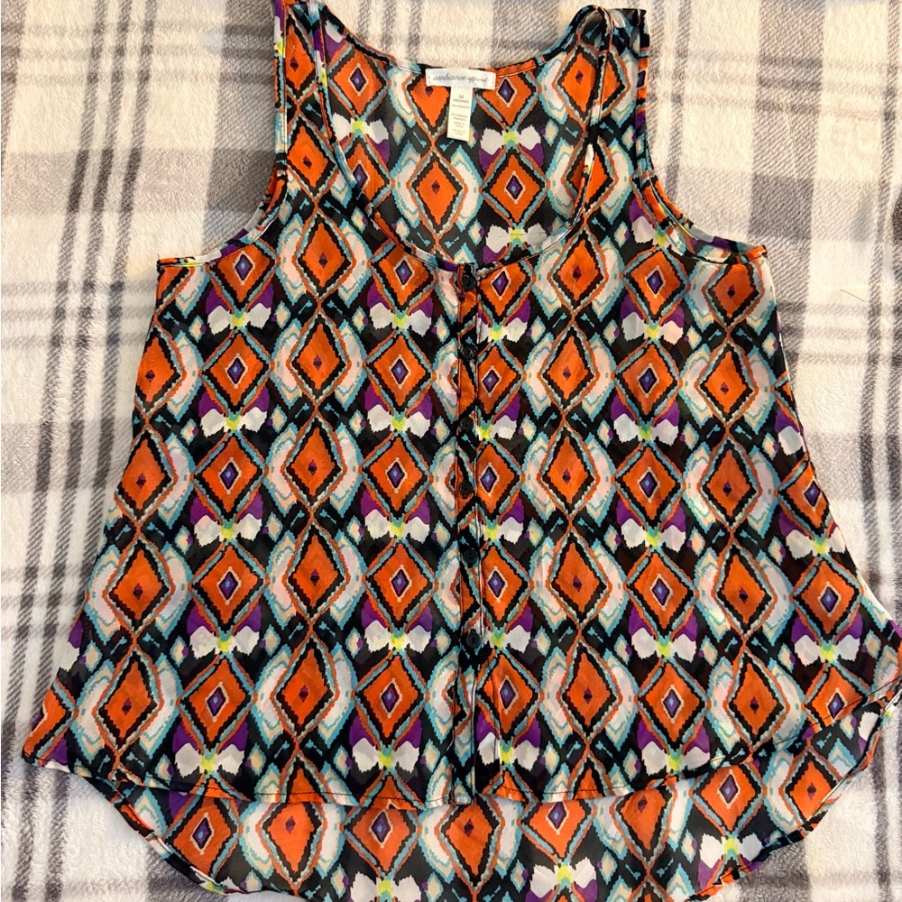 Sleeveless Geometric Print Tank Top - Orange/Multi